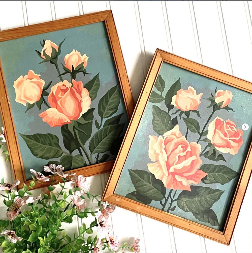 Vintage Roses Paint by Number Pink Coral Peach Still Life Framed PAIR